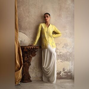 Yellow Embellished Jacket with Cream Skirt